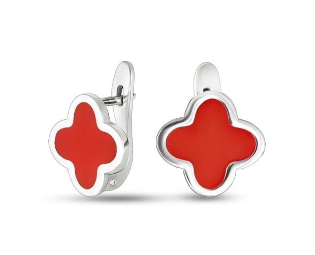 Silver earrings Clovers with red enamel