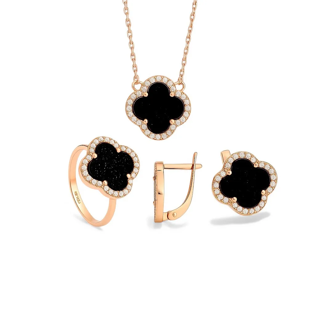 Срібний набір Конюшина з Авантюрином в позолоті