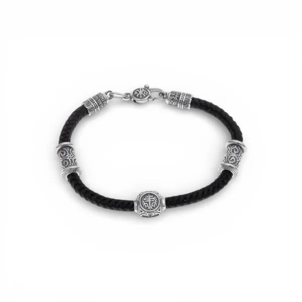 Срібний браслет шовковий широкий зі вставками Святий