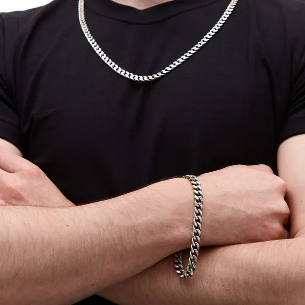 Срібний чоловічий набір Панцирний та синя коробка під набір 