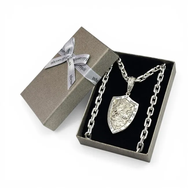 Срібний чоловічий набір Щит Георгій Змієборець та Коробка під набір "Happy everyday" 