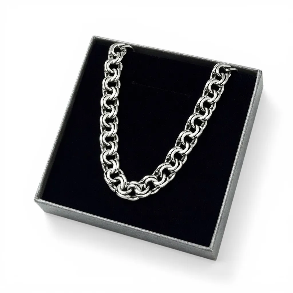 Срібний чоловічий ланцюжок Плоский Бісмарк та сіра коробка під набір