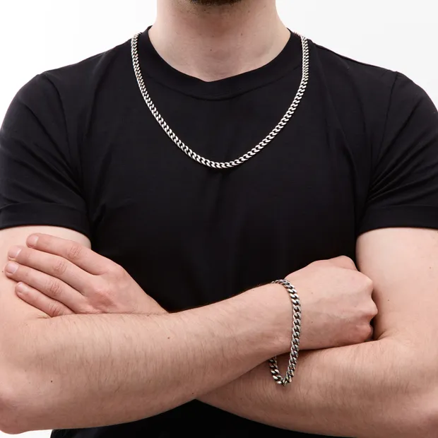 Срібний чоловічий набір Панцирний та синя коробка під набір 