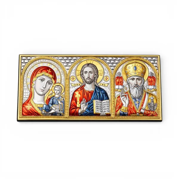 Серебряная икона в машину Казанская, Спаситель, Святой Николай 