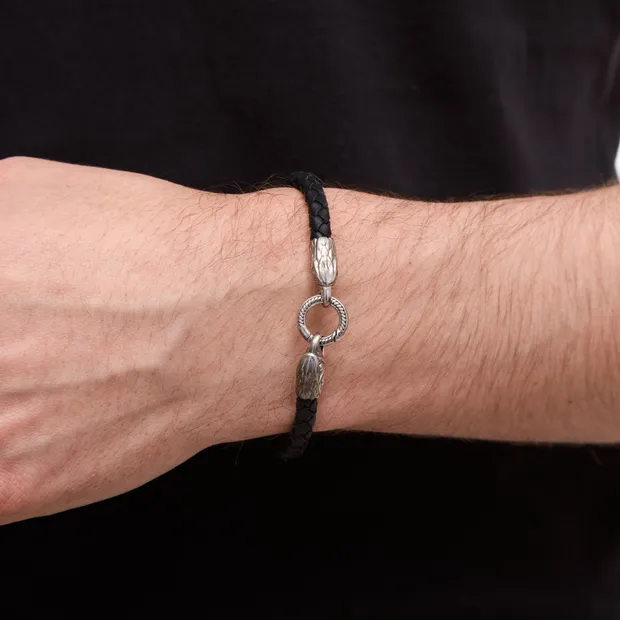 Срібний браслет шкіряний зі срібними вставками