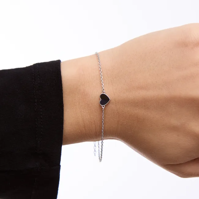 Серебряный браслет Сердечки с чорной эмалью  зображення 3