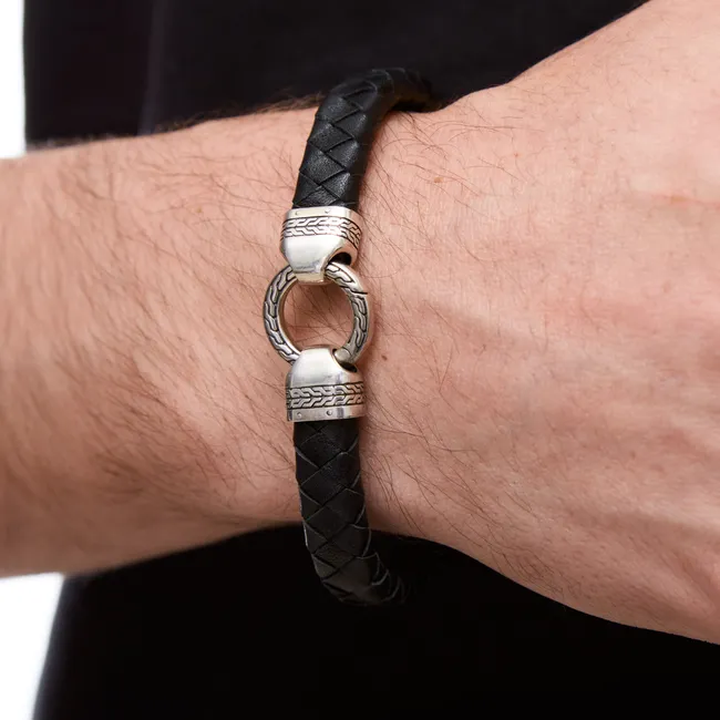 Серебряный браслет кожаный с серебряными вставками Широкий  зображення 3