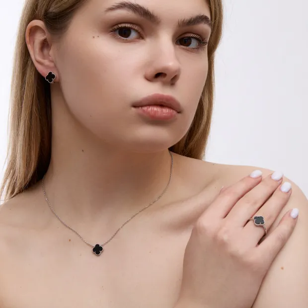 Срібний набір Конюшина з оніксом