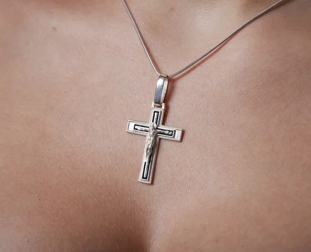 Silver cross with crucifix with black enamel