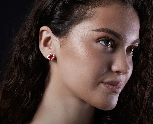 Silver earrings Clovers with red enamel