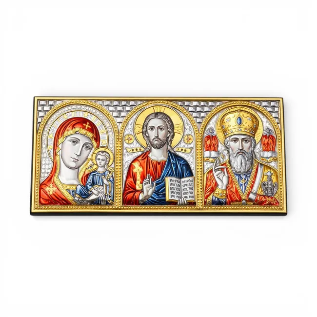 Срібна ікона в авто Казанська, Спаситель, Святий Миколай  
