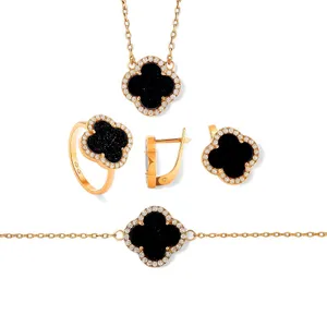 Срібний набір Конюшина з Авантюрином в позолоті 