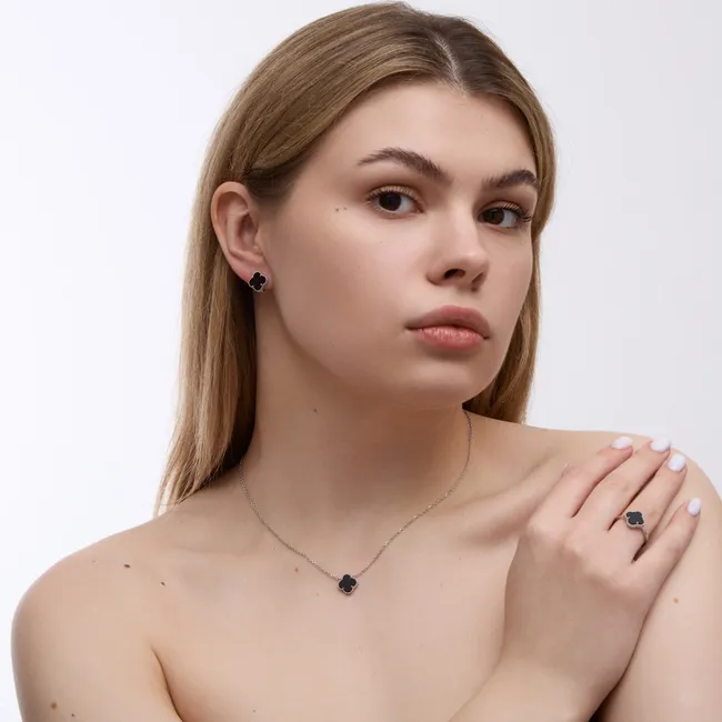 Срібний набір Конюшина з оніксом  зображення 2