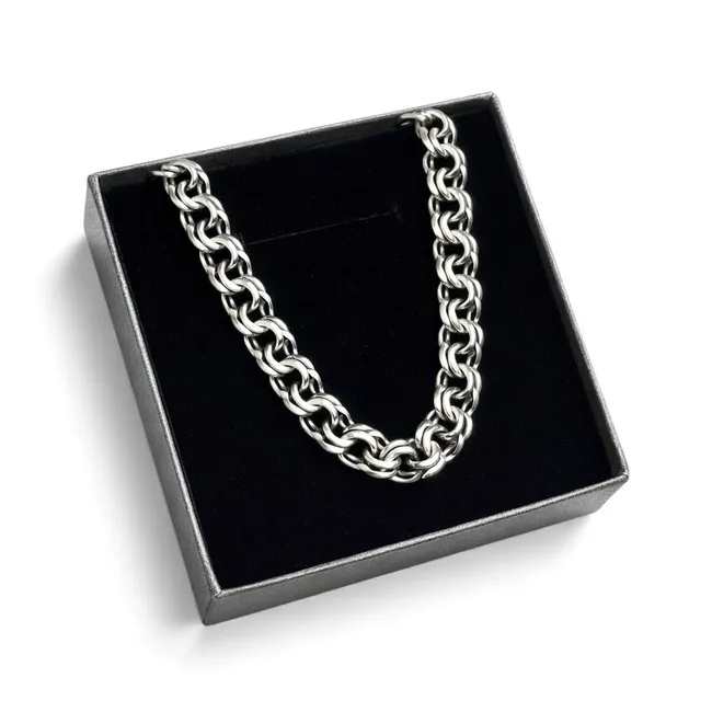 Срібний ланцюжок Плоский Бісмарк та сіра коробка під набір 