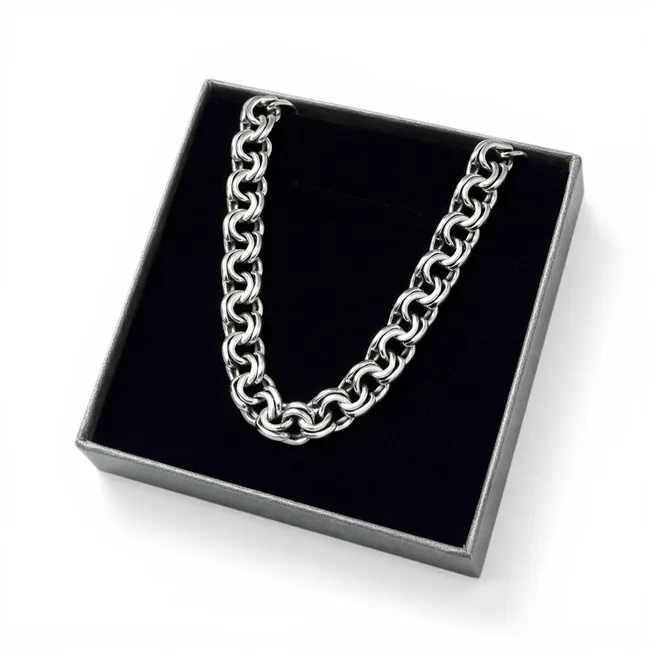 Срібний чоловічий ланцюжок Плоский Бісмарк та сіра коробка під набір 