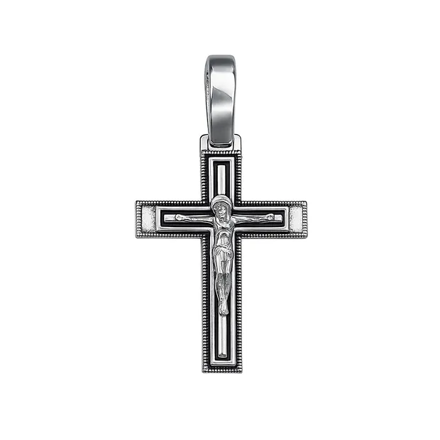 Silver cross with crucifix with black enamel