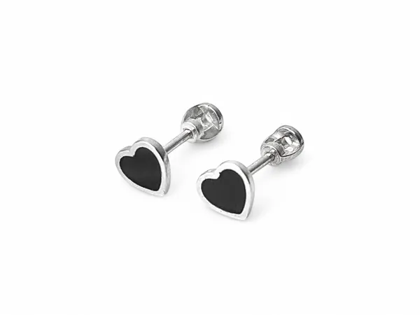 Silver stud earrings Hearts with black enamel and gold plate