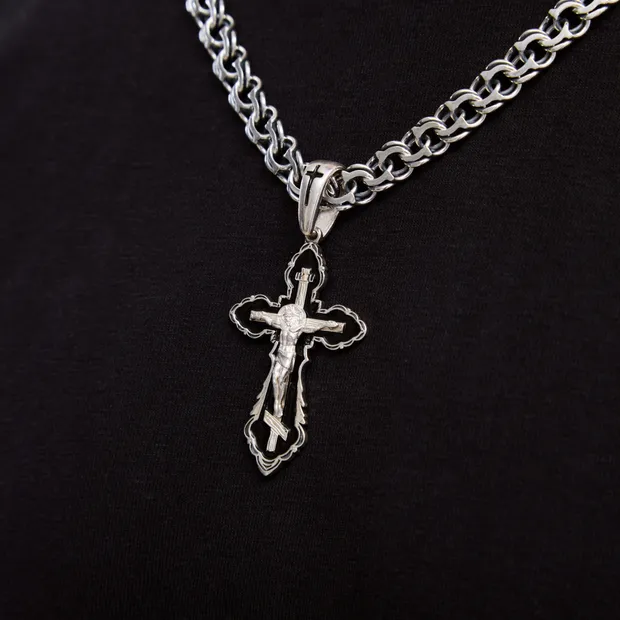 Срібний хрестик Правда з чорною емаллю, ланцюжок Класичний Бісмарк та Коробка під набір "Happy everyday"