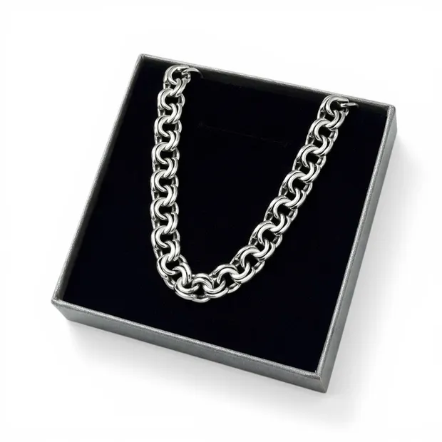 Срібний чоловічий ланцюжок Плоский Бісмарк та сіра коробка під набір