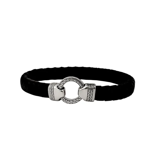 Срібний браслет шкіряний зі срібними вставками Широкий