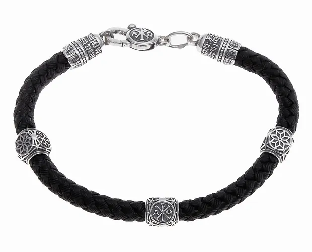 Серебряный браслет шелковый широкий с круглыми вставками 