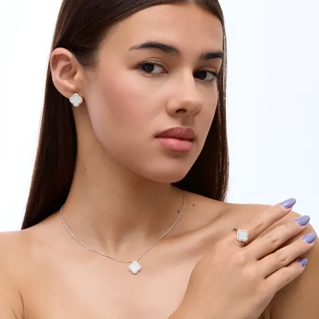 Подарунок для коханої срібний набір Конюшина всипаний цирконієм  зображення 2