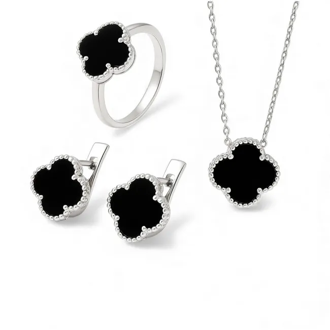 Срібний набір Конюшина з оніксом 