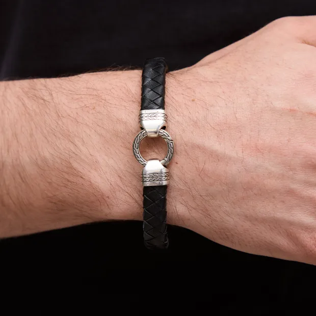 Срібний браслет шкіряний зі срібними вставками Широкий