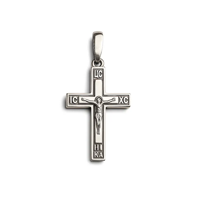 Срібний хрестик Спаситель з чорною емаллю