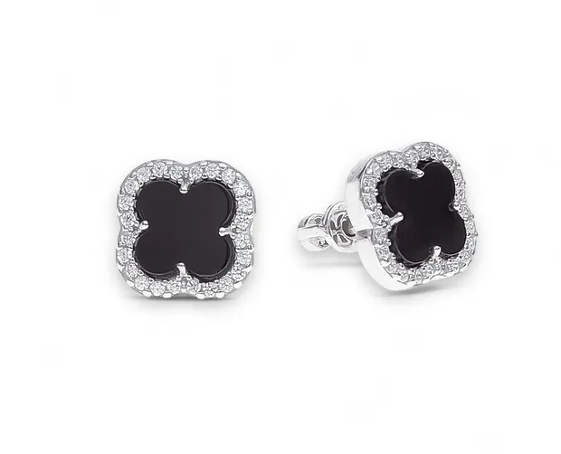 Silver earrings Clover with insert zirconium and onyx