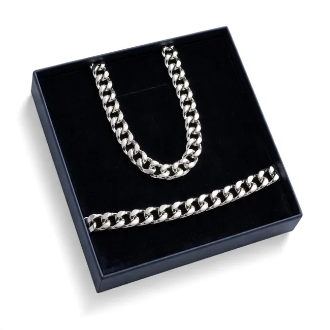 Срібний чоловічий набір Панцирний та синя коробка під набір  