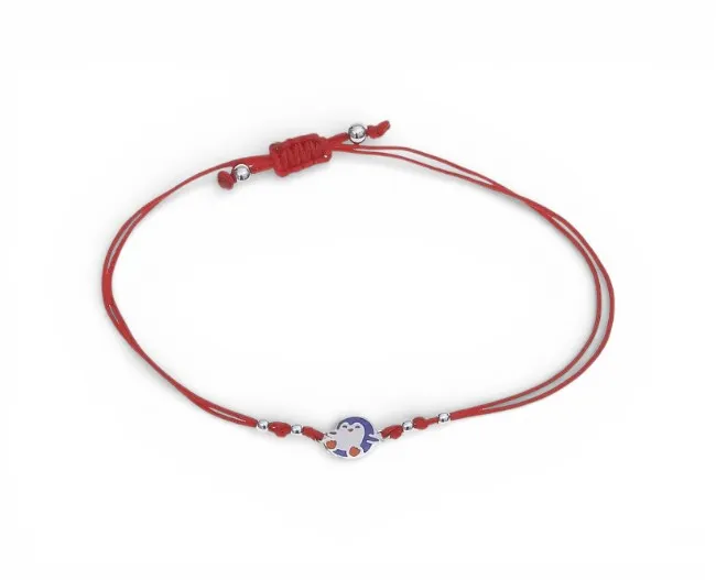 Шовковий браслет з срібною застібкою дитячий з підвіскою Пінгвін  